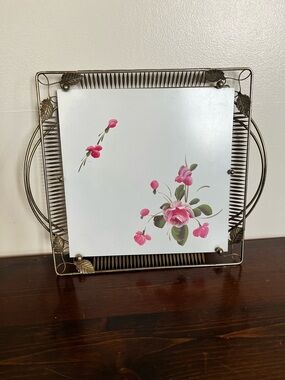 Decorative Pink Floral Wall Mirror with Metal Leaf Frame